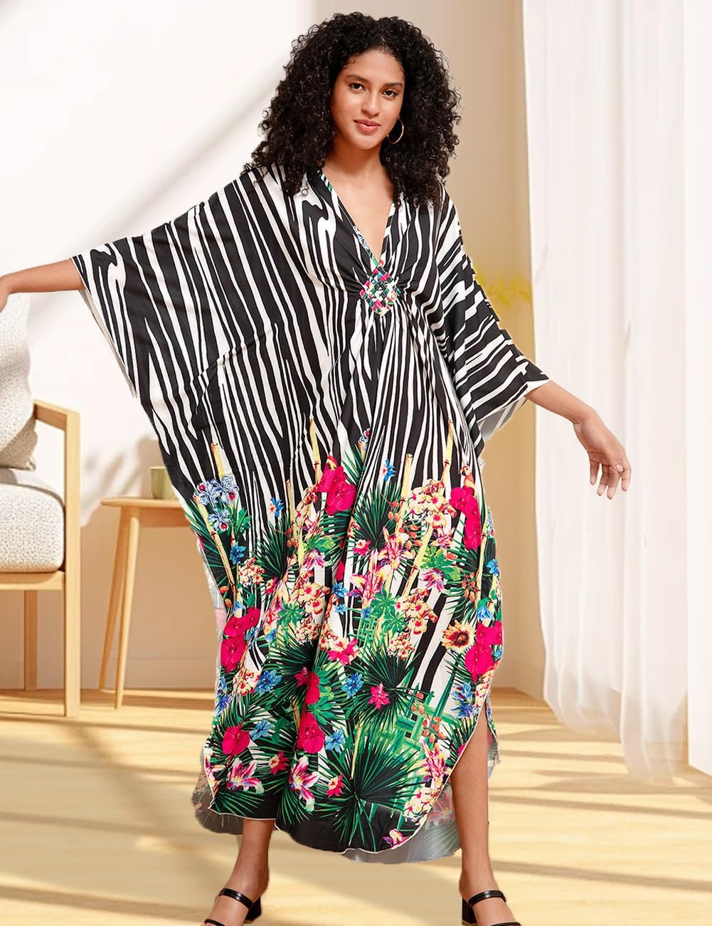 Damen Kaftan Strandkleid Boho Floral Lange Übergrösse Pareos Lose Kimono Sommer Tunika Maxikleid Far