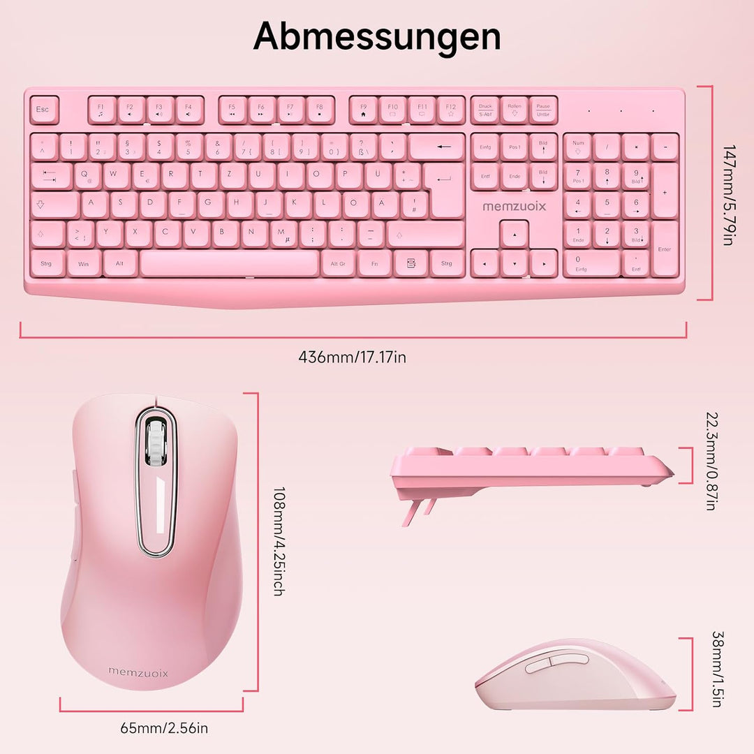 QWERTZ Kabelloses Tastatur Maus Set, Full Size 105-Tasten Tastatur mit Nummernblock, 2.4GHz Funk mit