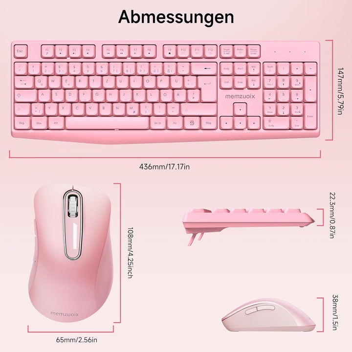 QWERTZ Kabelloses Tastatur Maus Set, Full Size 105-Tasten Tastatur mit Nummernblock, 2.4GHz Funk mit