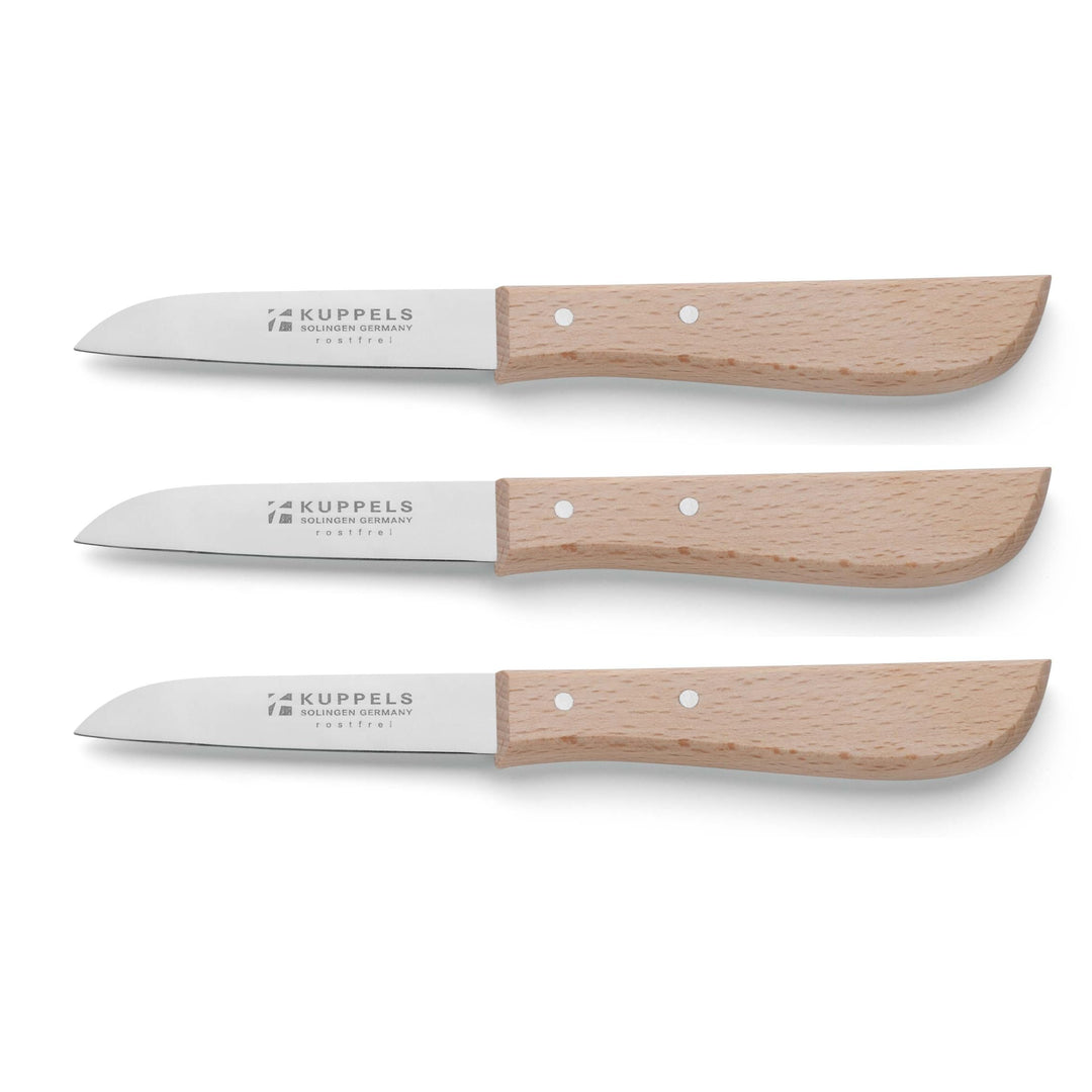 Kuppels Küchenmesser Set 3-tlg., 420HC Stahl, Buchenholzgriff | Tourniermesser, Kartoffelschäler und