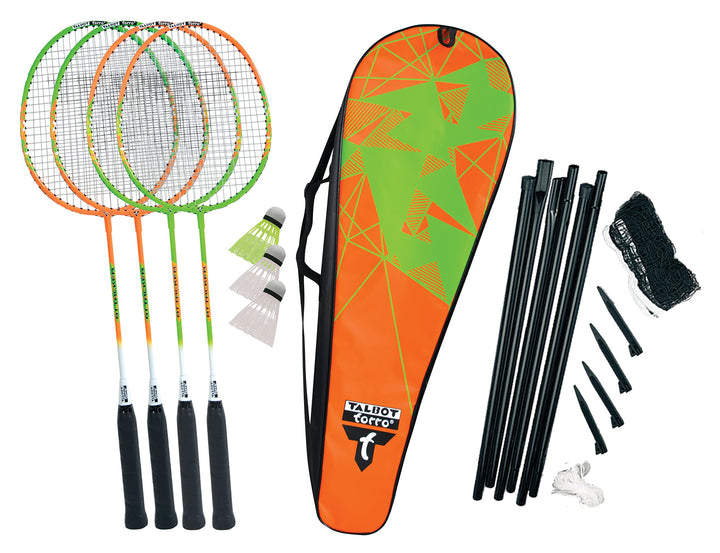 Talbot-Torro Badminton-Set 4-Attacker Plus, Kolmplettset mit 4 Schläger, 3 Federbälle, komplette Net