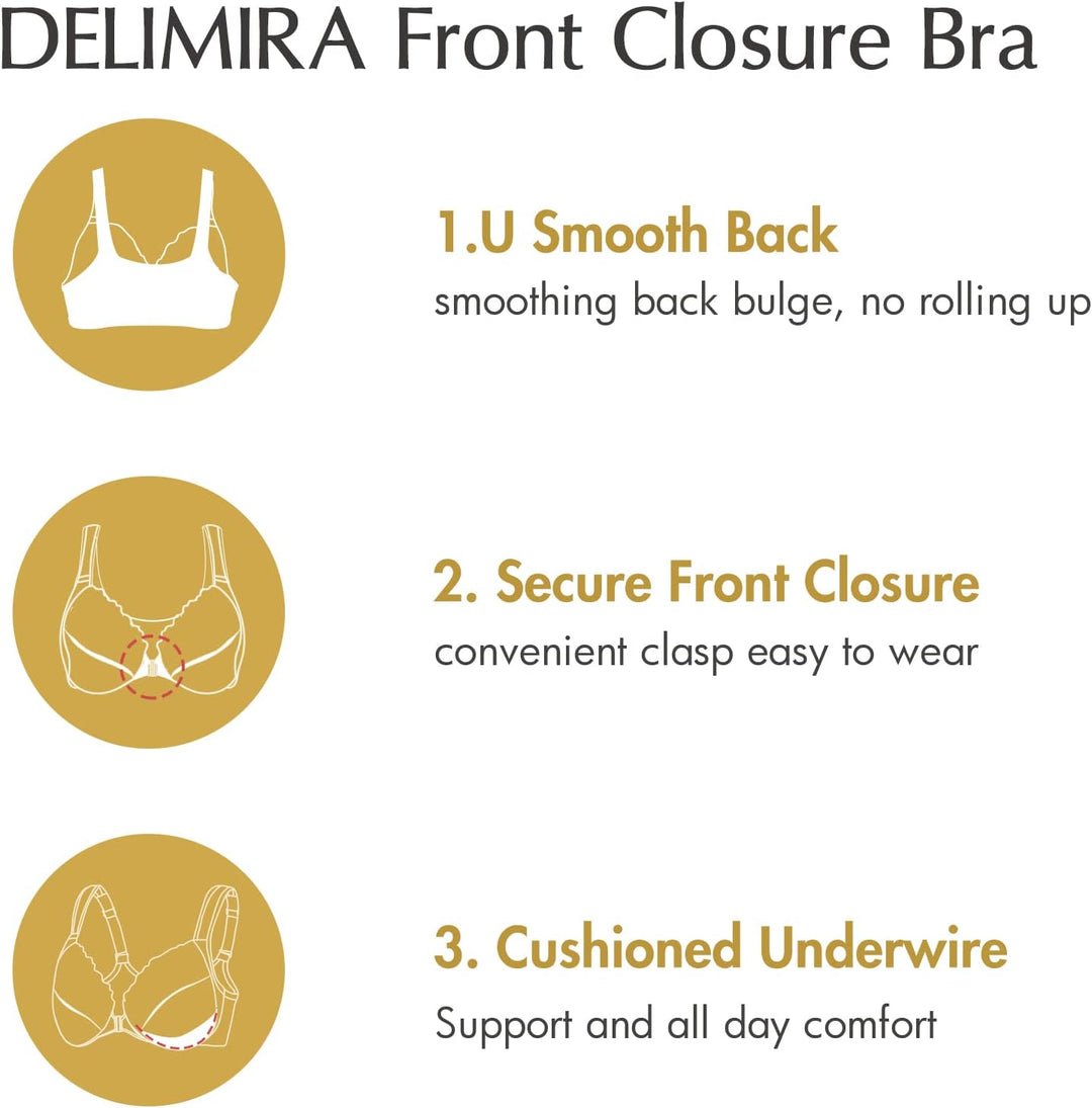 DELIMIRA Damen BH mit Vorderverschluss U-Rücken Bügel Spitzen BHS Grosse Brüste Soft Vollschalen Ung