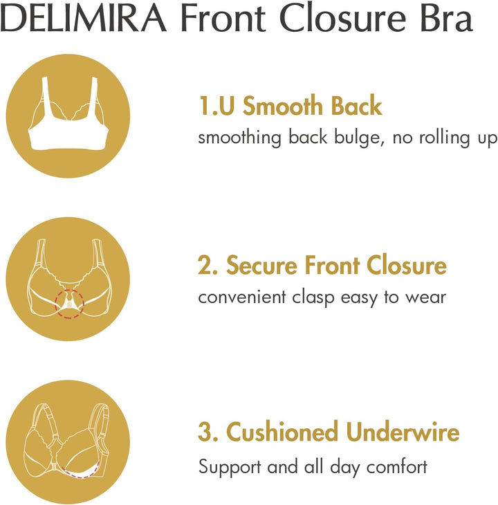 DELIMIRA Damen BH mit Vorderverschluss U-Rücken Bügel Spitzen BHS Grosse Brüste Soft Vollschalen Ung