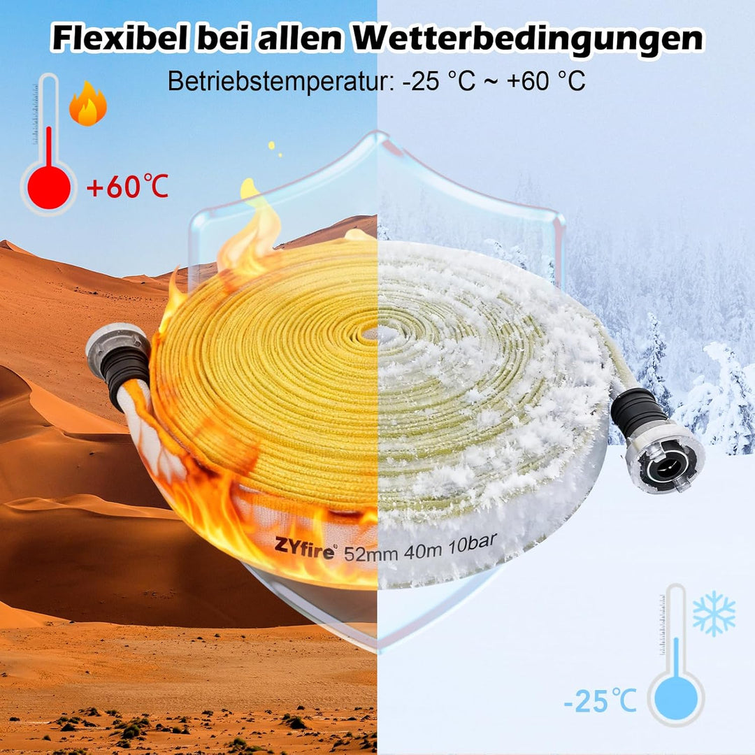 ZYfire Feuerwehrschlauch 52mm x 40m | 2 Zoll Feuerschlauch mit C-Storz Kupplung | flexibler Wassersc