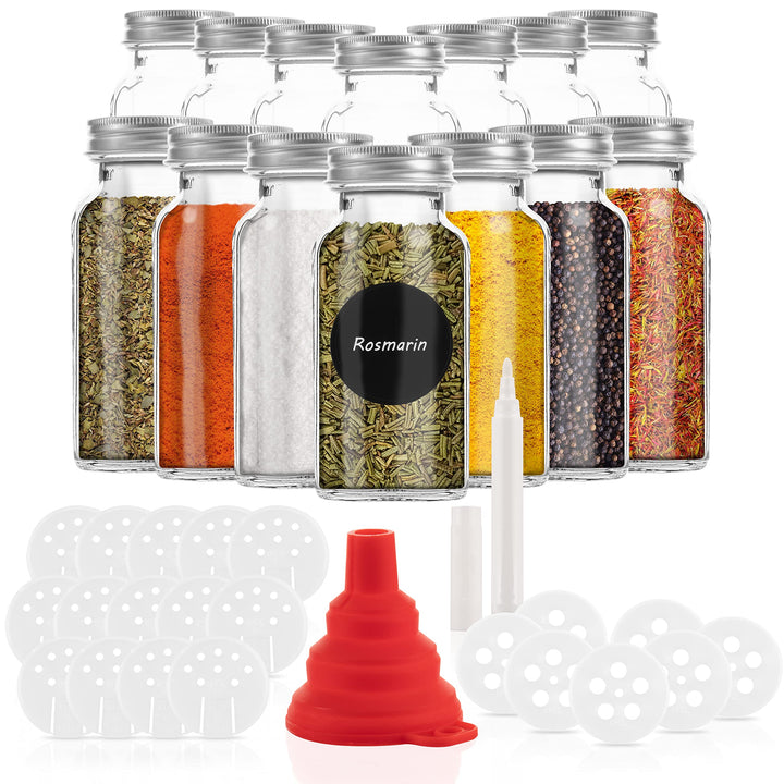 14 Gewürzgläser Set 170 ml mit 21 Tüllen - Einmachgläser mit 170 ml Fassungsvermögen - Wiederverwend