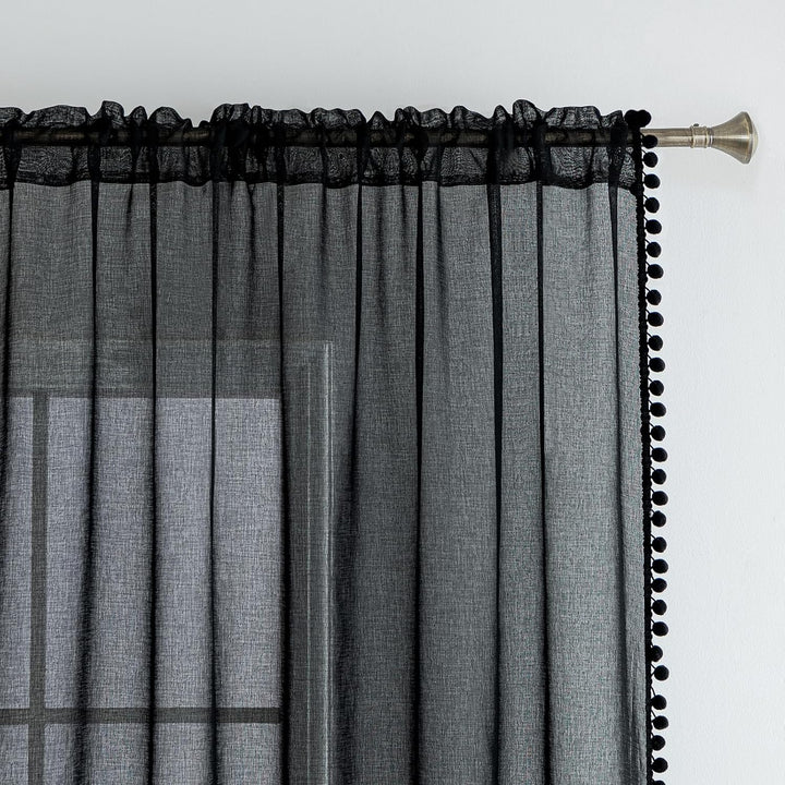 MIULEE Gardinen mit Pompons-Hübsche Schwarz Transparent Gardinen für Kinderzimmer Mädchen, 2 Stücke