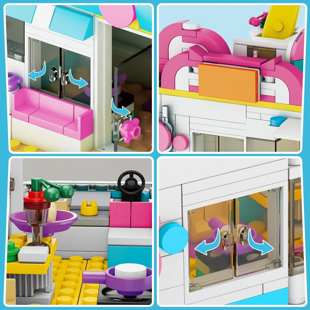 3-in-1 Wohnmobil Bausteine Spielzeug, Campingbus Wohnwagen Konstruktionsspielzeug mit Rutsche und Au