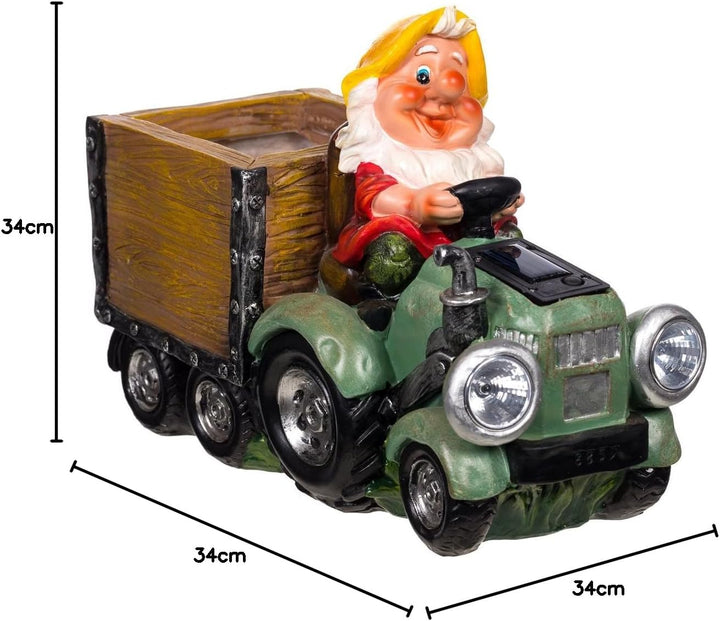 Birendy Figur, Zwerg, 15177-2 Gartenzwerg Gartenwichtel mit 2 Solarlampen (Scheinwerfer) Traktor Led