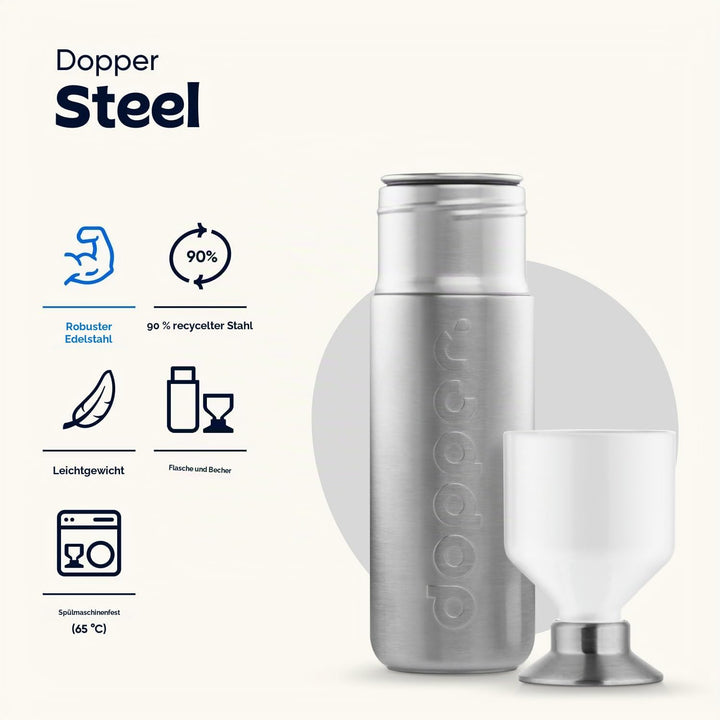 Dopper Steel Trinkflasche 350ml, 490ml, 800ml, 1.1L - Edelstahl Flasche - BPA freie Wasserflasche, 1
