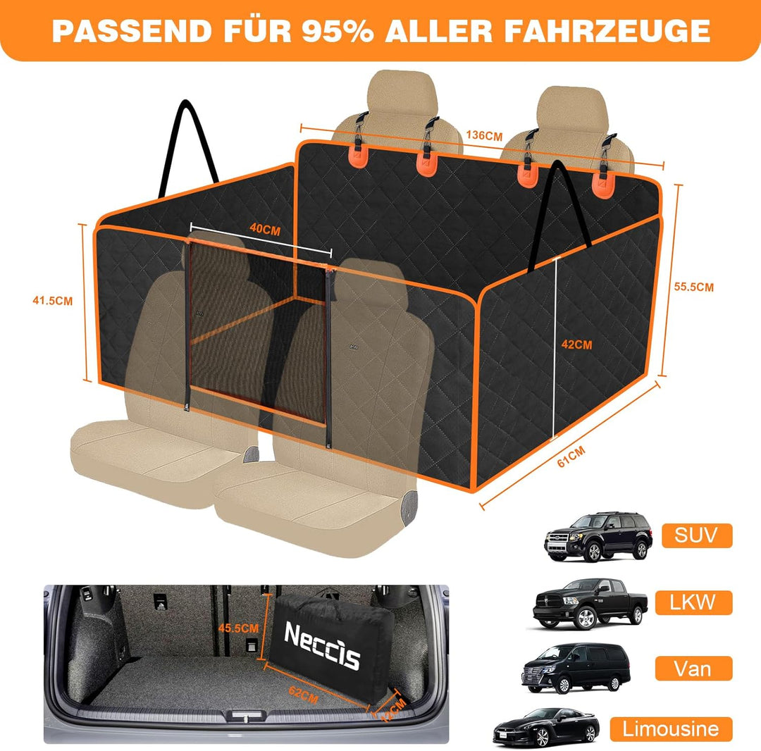 Neccis Hundedecke Auto Rückbank mit Abnehmbarer Harter Unterseite, 136 x 61 cm Autoschutzdecke Hund