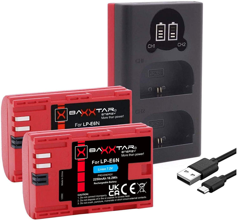 Baxxtar Pro LP-E6N 2040mAh Kamera-Akku Pack mit Ladegerät 18602 (USB Dual LCD) kompatibel mit Canon