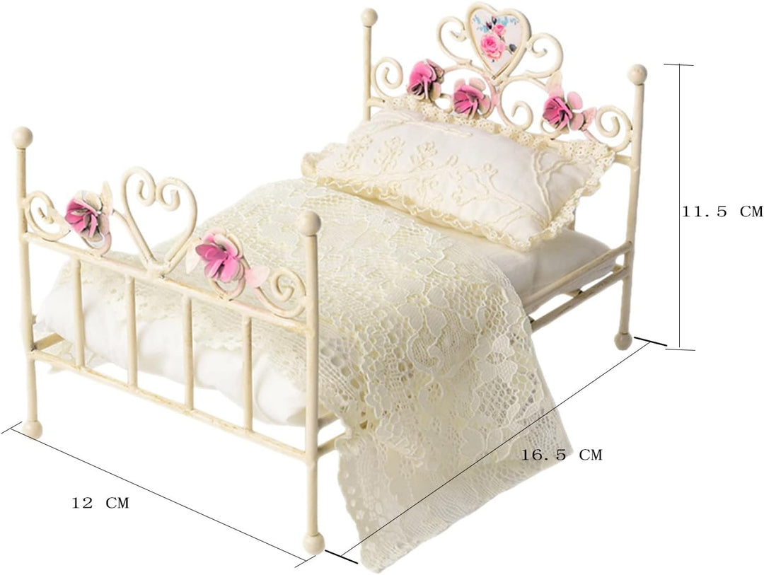 1:12 Puppenhausmöbel Viktorianisches Bett, Weisses Eisenbett mit Blumenverzierungen & Abnehmbarer Be