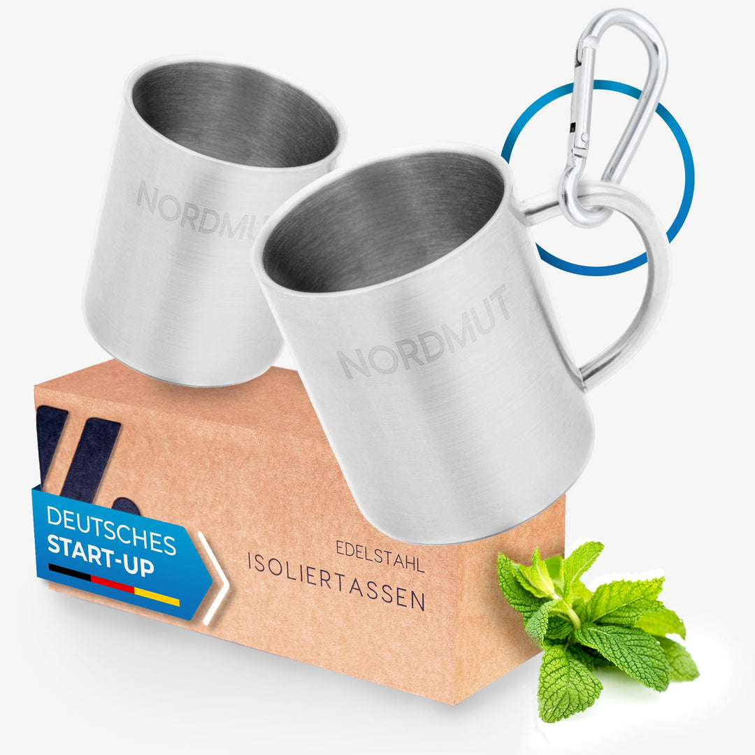 NORDMUT® Edelstahl Thermobecher [2er Set] Camping Tasse | nachhaltige Edelstahl Tasse | Kaffeetasse