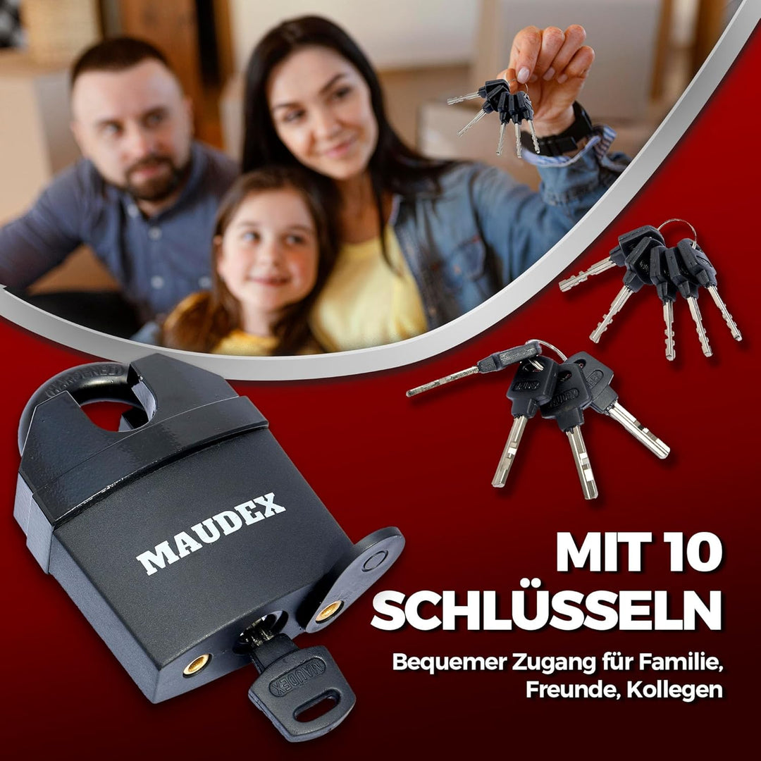 Maudex® MDL60 Heavy Duty Vorhängeschloss mit 10 Schlüsseln - [Anti-Bohr-, Anti-Pick-Zylinder] - [Ges