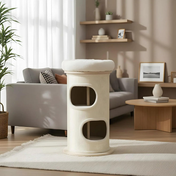 Bamboo Tower L Kratztonne 89 cm – Kratzbaum aus Bambus und Sisal mit Zwei Kuschelhöhlen und Aussicht