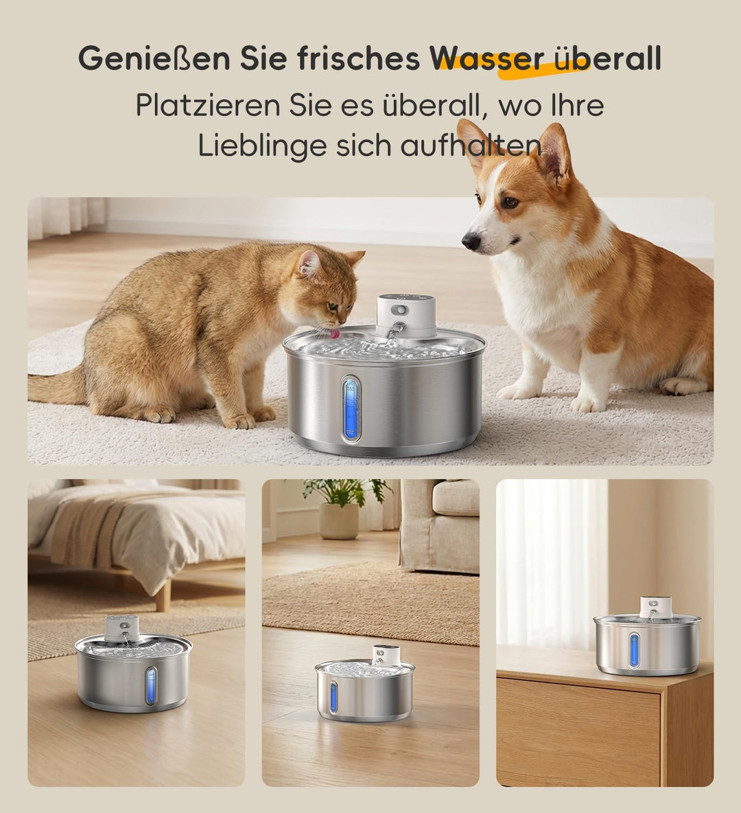 Katzenbrunnen Edelstahl Kabellos 5,5 L für Katzen (1 Filter) | 5000mAh Akku mit bewegungsmelder, lei