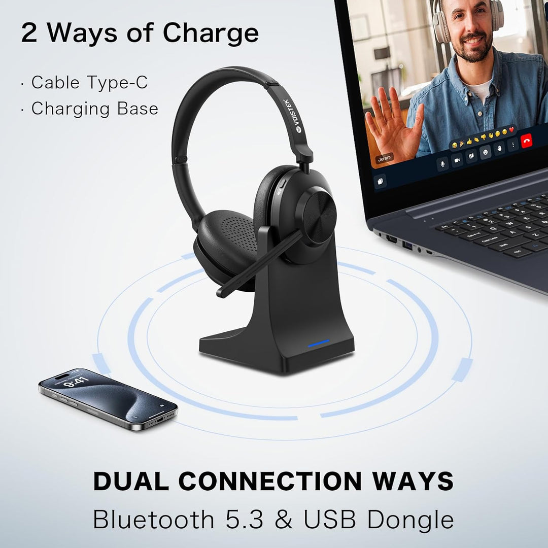 Voistek Headset mit Mikrofon Bluetooth & USB Dongle, 50Std. Akku, On Ear Wireless Headset mit Mikrof
