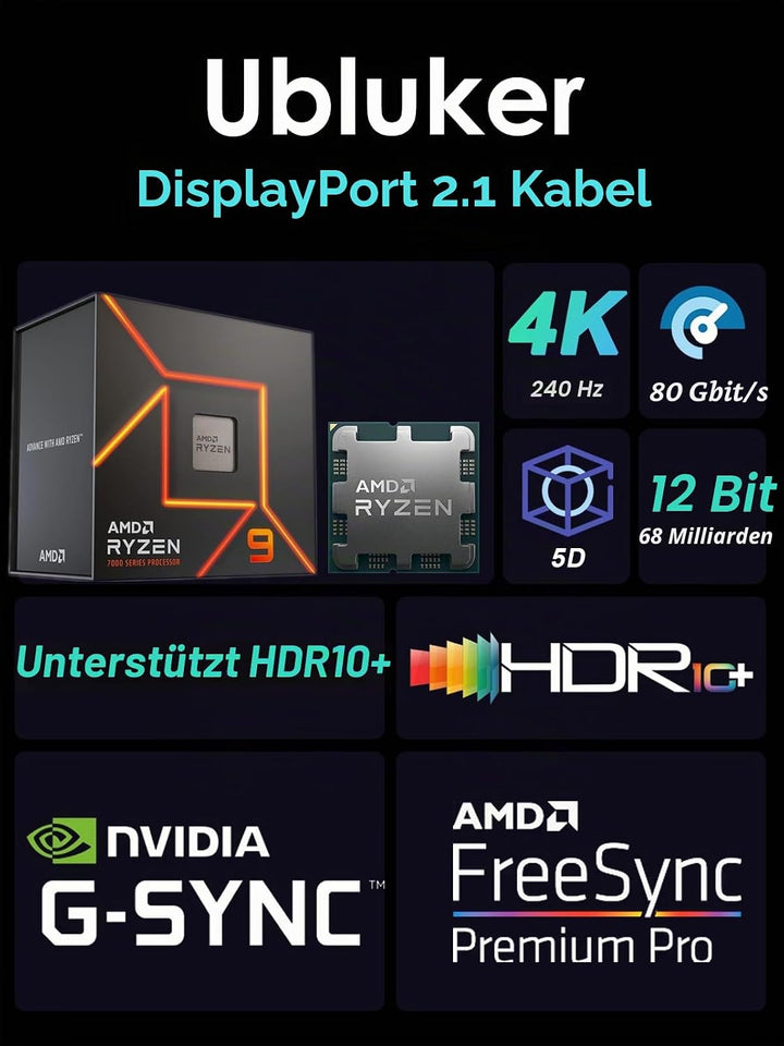 Ubluker 16k 8k DisplayPort 2.1 Kabel 80Gbps 3M, Zertifiziert Ultra-high Bit Rate DP Kabel UHBR20 HDR