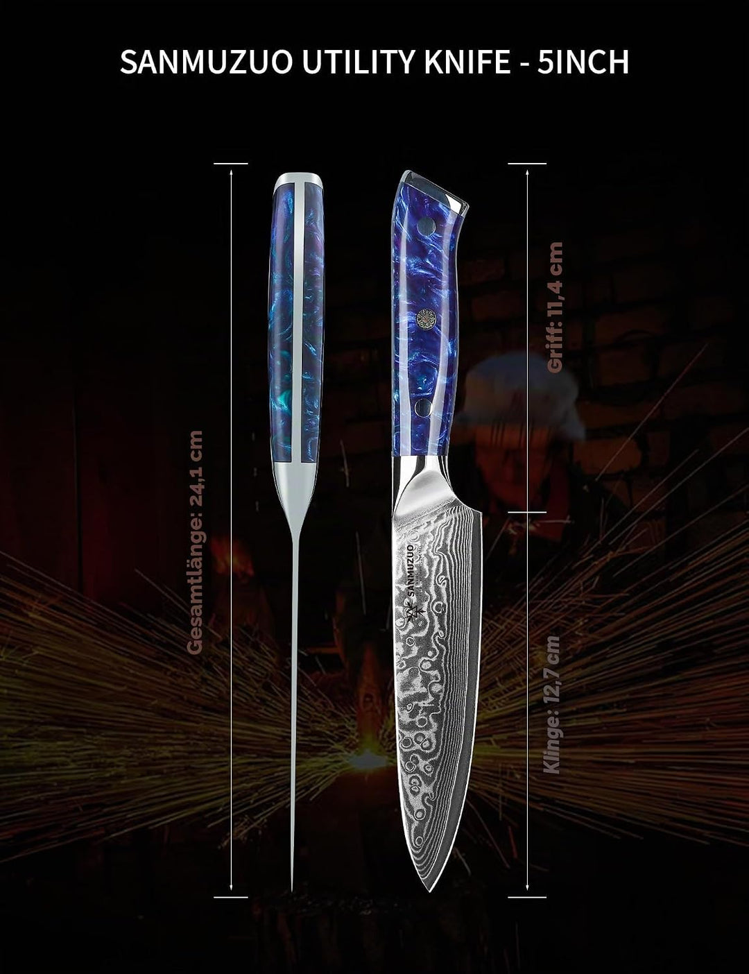 SANMUZUO Allzweckmesser Damastmesser 13 cm Klingenlänge - Japanisches Kochmesser - VG 10 Damaskus St