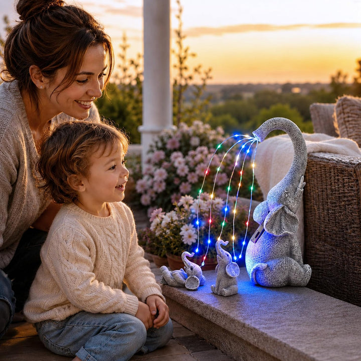 Yeomoo Elefanten Deko Gartenfiguren mit Solar Lichterkette Aussen: Elefant Mutter mit 2 Baby Elefant