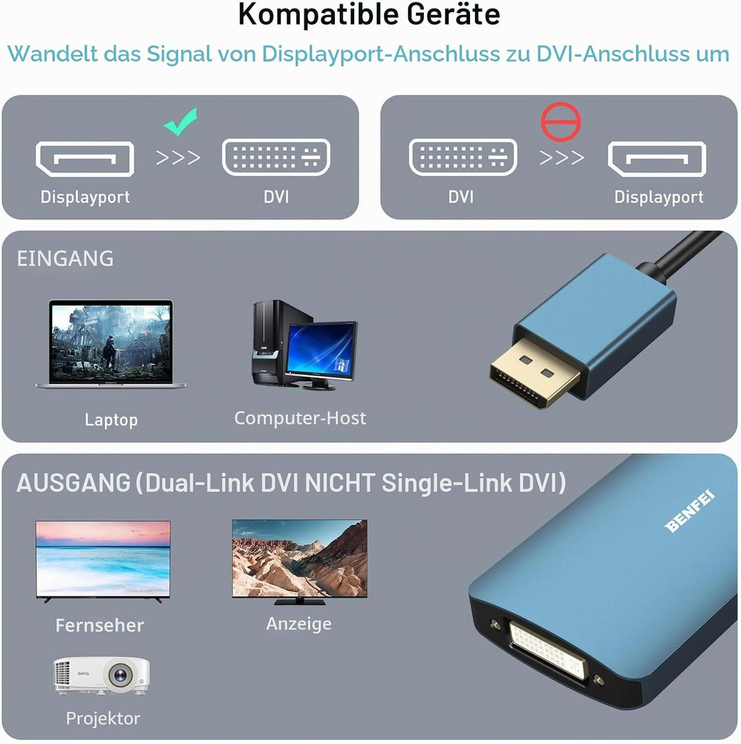 BENFEI DisplayPort auf DVI DVI-D Dual Link Adapter unterstützt 2K@60Hz, 1080P@60Hz 1 Blau, 1 Blau