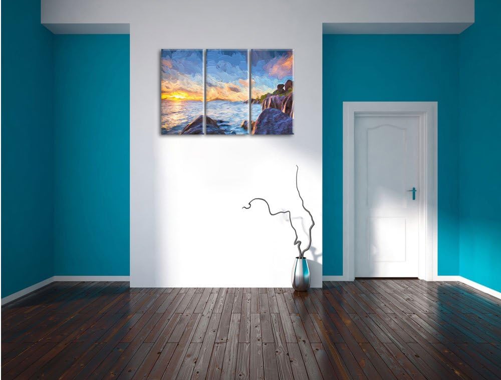 Pixxprint Sonnenuntergang Seychellen Kunst / 3-Teilig/Gesamtmass 120cm Leinwandbild bespannt auf Hol