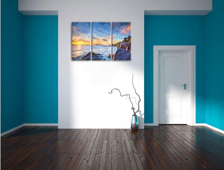 Pixxprint Sonnenuntergang Seychellen Kunst / 3-Teilig/Gesamtmass 120cm Leinwandbild bespannt auf Hol