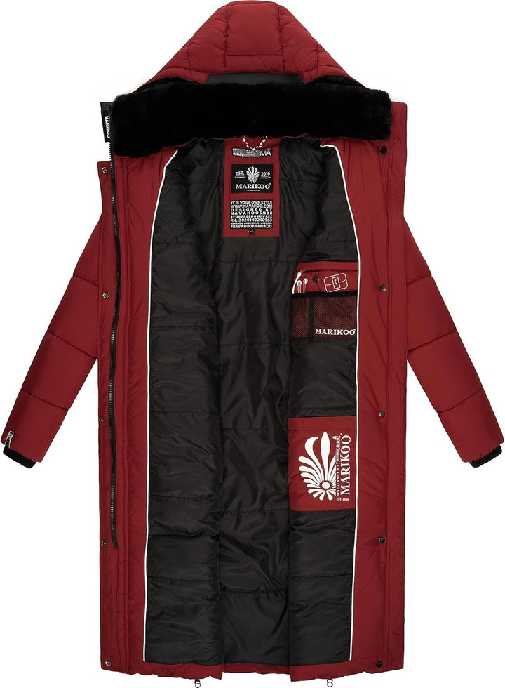 MARIKOO Damen Wintermantel warmer Steppmantel lang mit abnehmbarer Kapuze Reliziaa XS-XXL L Dark Red