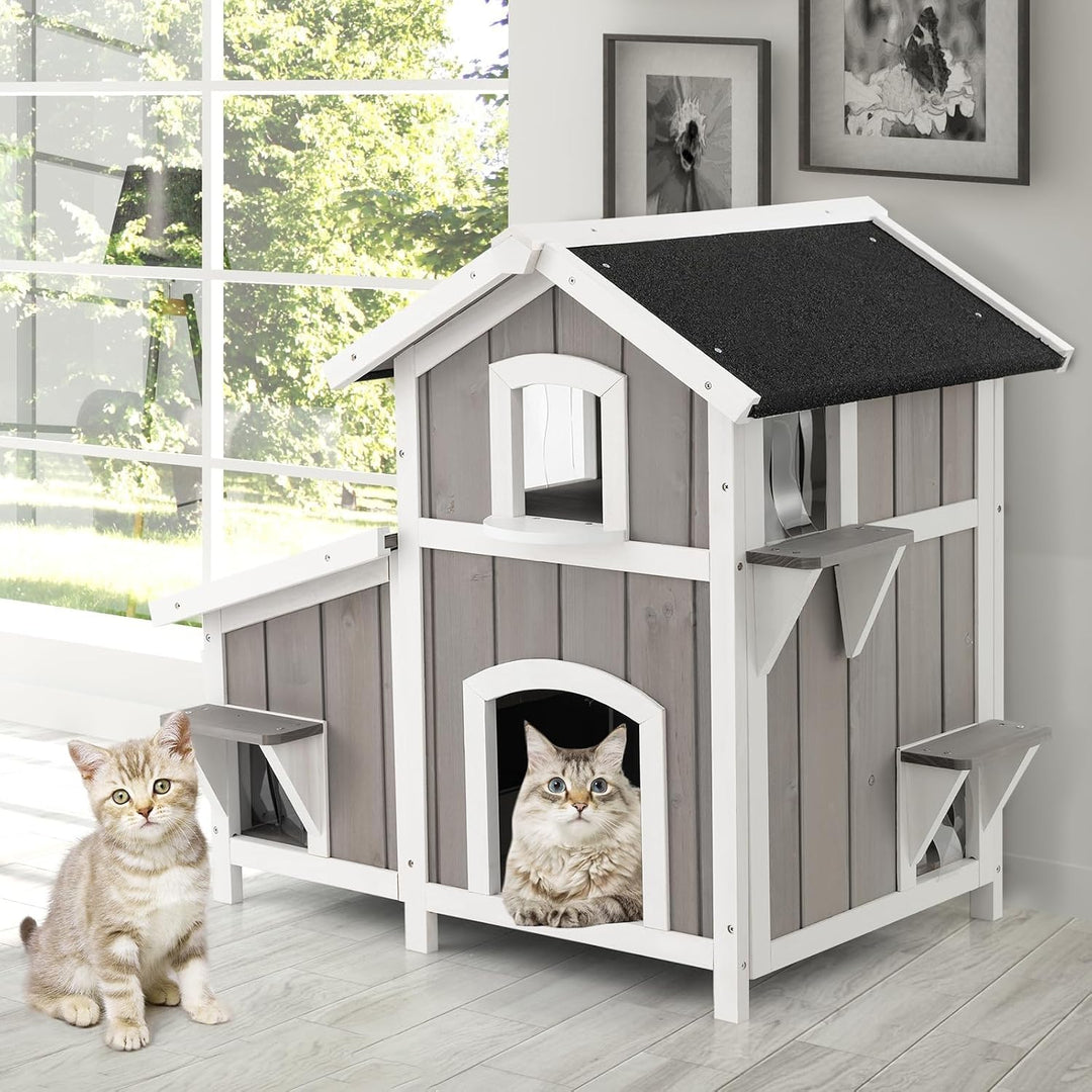 COSTWAY Katzenhaus Outdoor, 2-stöckige Katzenhütte, Katzenvilla mit Asphaltdach, Fluchttüren, PVC-Vo