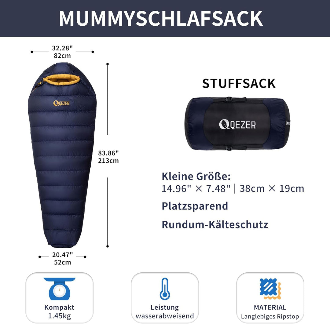 Daunenschlafsack, Winterschlafsack mit antistatischem Graphenfutter, 620FP Bauschkraft, 1450 Gramm,
