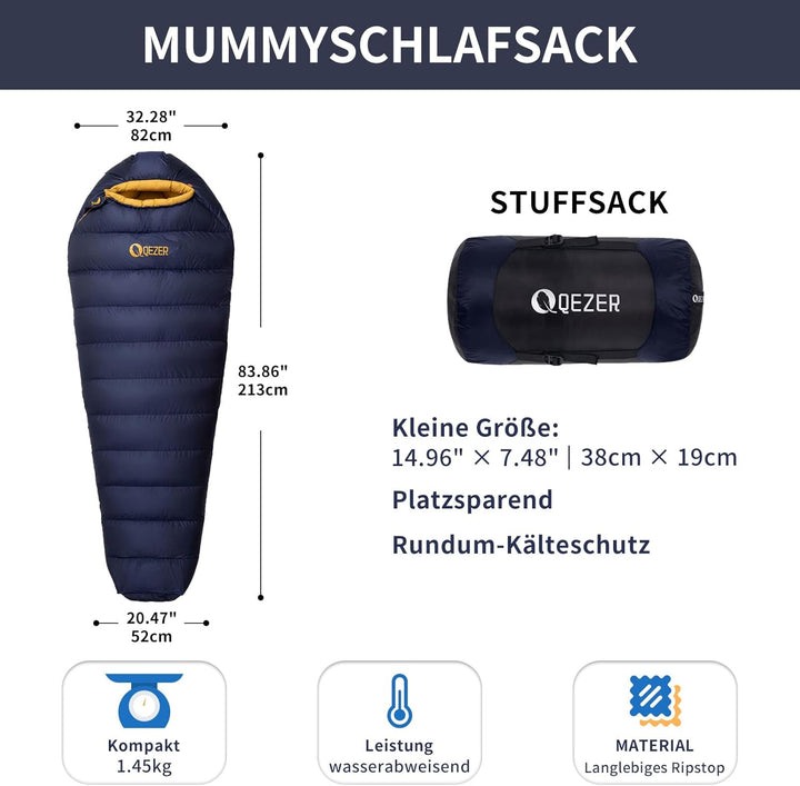 Daunenschlafsack, Winterschlafsack mit antistatischem Graphenfutter, 620FP Bauschkraft, 1450 Gramm,