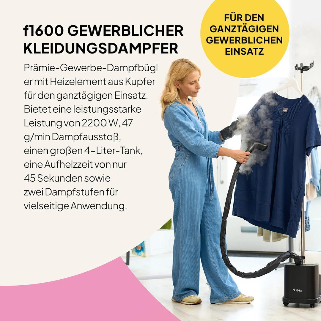 Fridja f1600 Professioneller Kleiderdampfer – Leistungsstarke 2200W Premium-Dampfmaschine – Zwei Dam