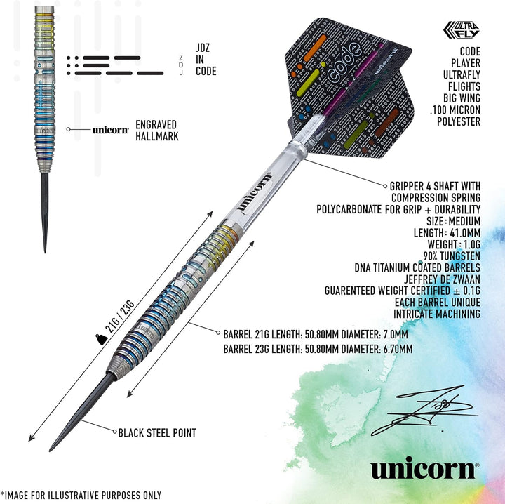 Unicorn Jeffrey De Zwaan Code 90% Wolfram Dartpfeil mit Stahlspitze 23 Gr., 23 Gr.