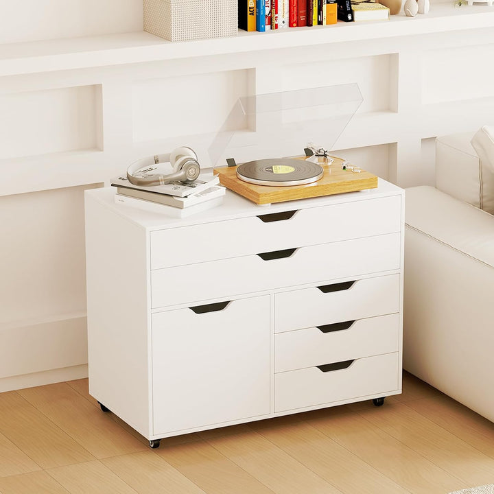 GIANTEX Rollcontainer mit 5 Schubladen & 1 Schrank, mobiler Aktenschrank mit 5 Rollen, Schubladensch