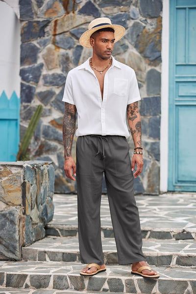 COOFANDY Herren Hose Lange Leinenhose Leicht Sommerhose Strandhose Elastische Taille Yoga Hosen Männ