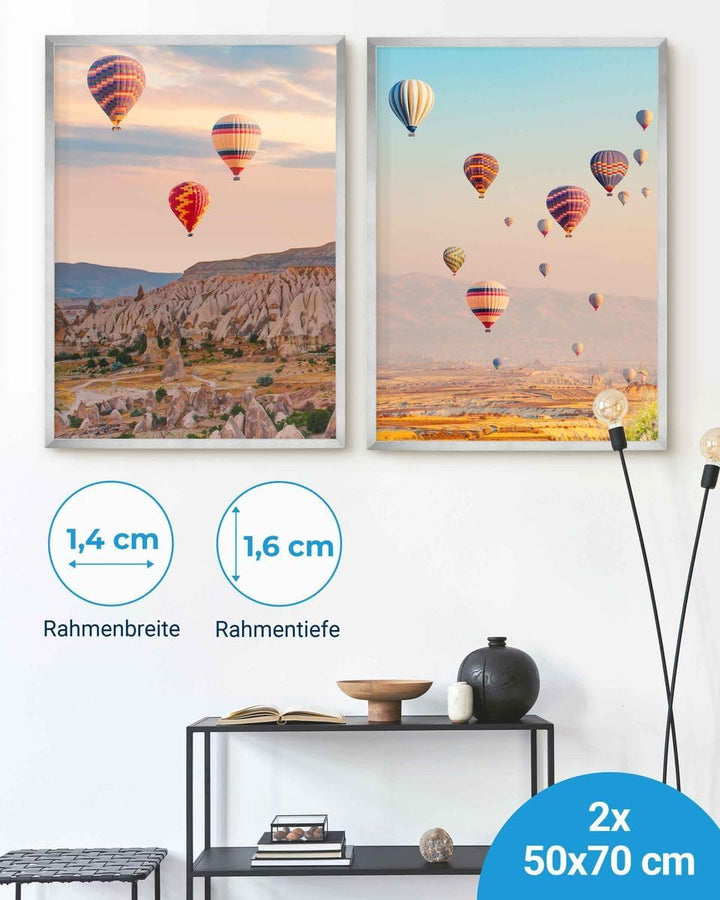 PHOTOLINI Bilderrahmen 50x70 cm Silber MDF-Holz, 2er Set Posterrahmen, bruchsicheres Acrylglas, zum