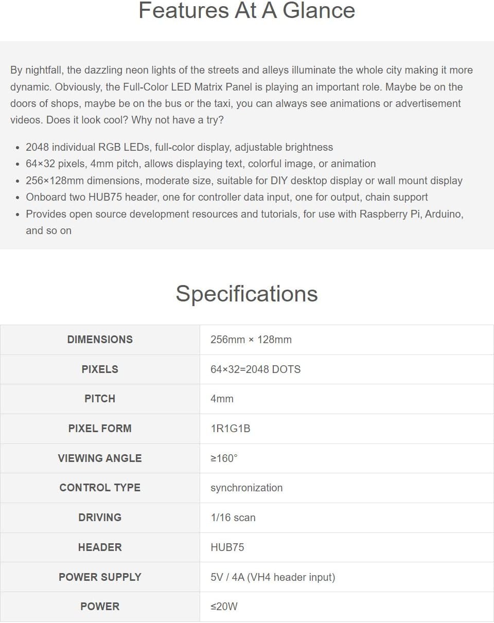Waveshare RGB Full-Color LED Matrix Panel 4mm Pitch 64×32 Pixels 2048 Individual RGB LEDs Adjustable