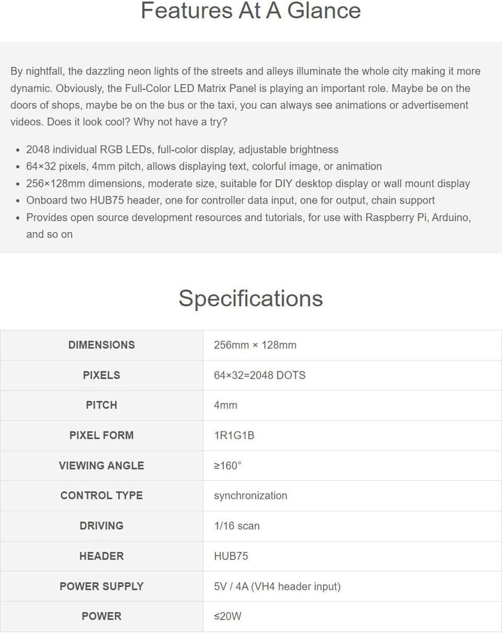 Waveshare RGB Full-Color LED Matrix Panel 4mm Pitch 64×32 Pixels 2048 Individual RGB LEDs Adjustable