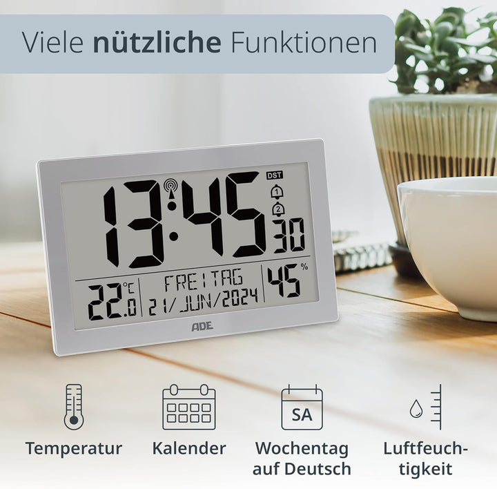 ADE Digitale Funkuhr mit grossem XL-Display | Kalender | mit Temperaturanzeige & Hygrometer | Wanduh