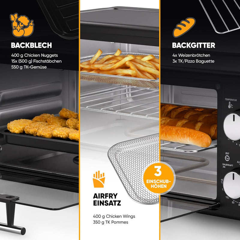 Stillstern Minibackofen (10L) Deutsche Version mit Airfryer-Einsatz, Backblech, Ofenhandschuhe, Reze