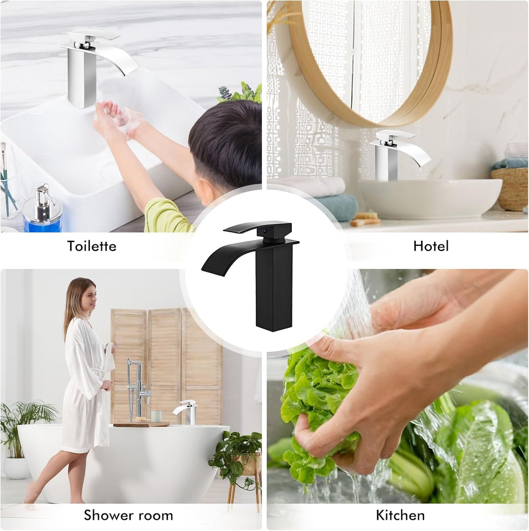 Touch-On Wasserhahn Bad Schwarz - Mattierte Wasserfall-Armatur mit Fingerprint-Schutz | Einhebelmisc
