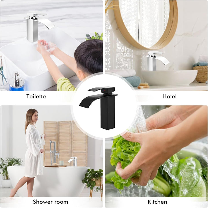 Touch-On Wasserhahn Bad Schwarz - Mattierte Wasserfall-Armatur mit Fingerprint-Schutz | Einhebelmisc
