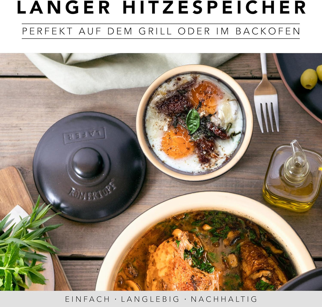 Römertopf BBQ Feuertopf Ø 12,5 cm – Mini Schmortopf mit Deckel aus hochwertiger Keramik – ideal für
