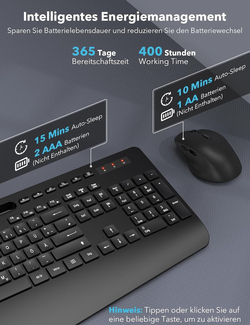 Tastatur Maus Set Kabellos, Ergonomische Tastatur in Voller Grösse mit Handgelenkauflage, Telefonhal