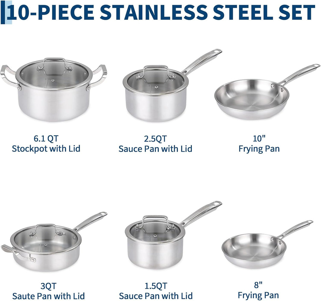 Garvee Tri-Ply Edelstahl Topfset 10-teilig, Induktions Kochgeschirr Set mit Gleichmässiger Wärmevert