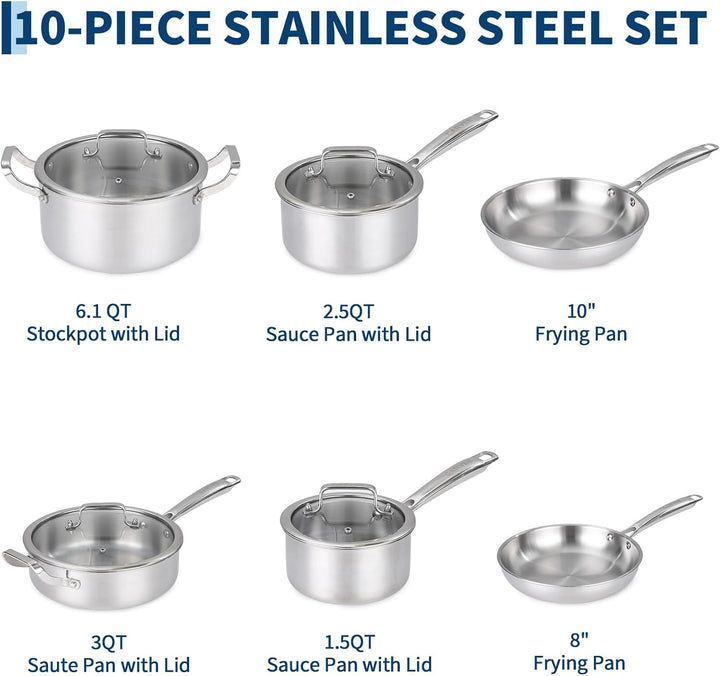 Garvee Tri-Ply Edelstahl Topfset 10-teilig, Induktions Kochgeschirr Set mit Gleichmässiger Wärmevert
