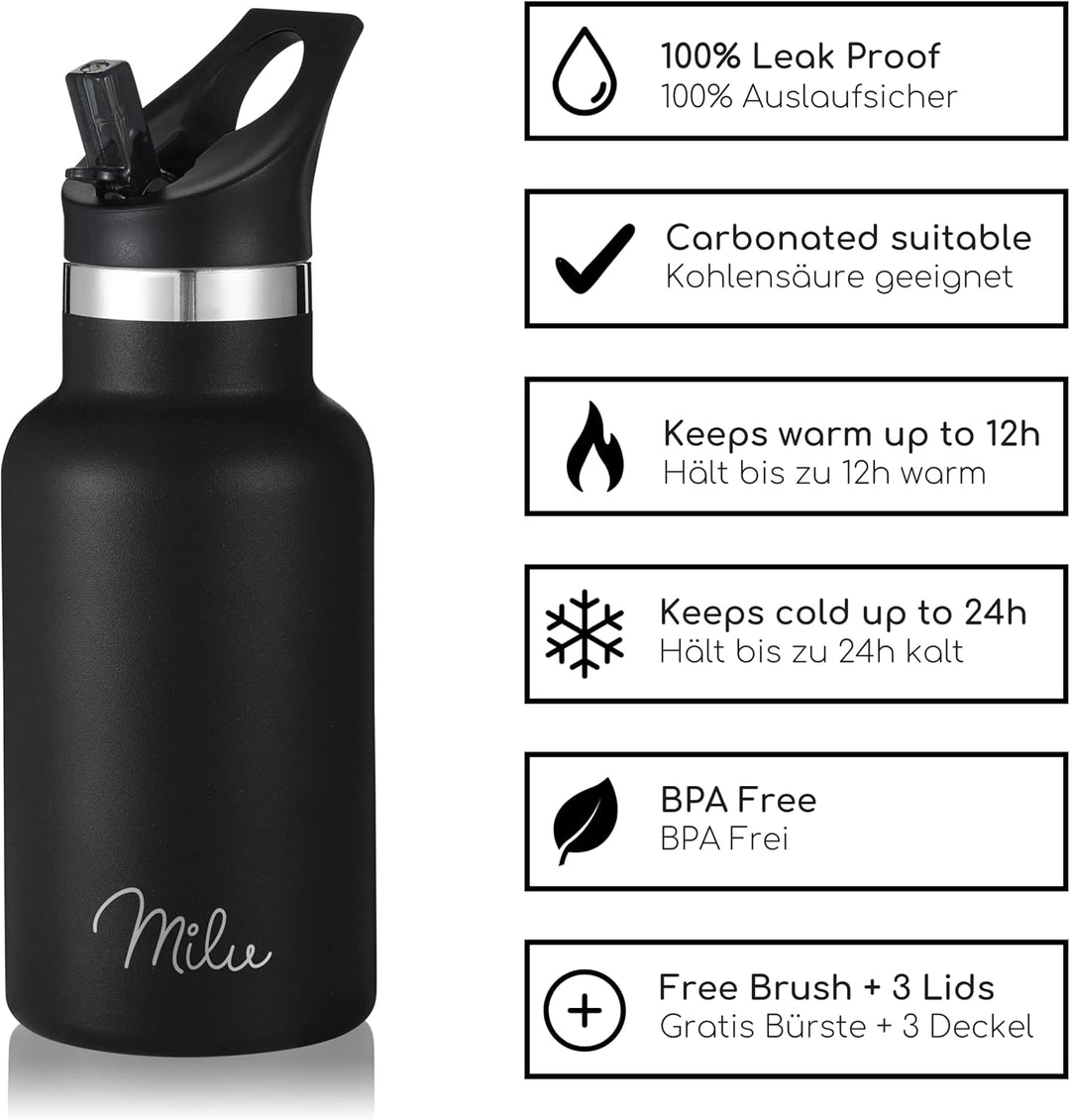 Milu Edelstahl Trinkflasche 350ml 500ml 750ml 1000ml (+3 Deckel) Thermosflasche mit Strohhalm Isolie