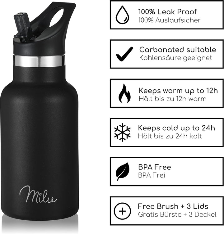 Milu Edelstahl Trinkflasche 350ml 500ml 750ml 1000ml (+3 Deckel) Thermosflasche mit Strohhalm Isolie