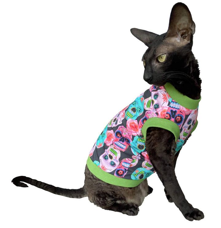 Kotomoda T-Shirt fьr Sphynx-Katzen, haarlos, Baumwolle, Stretch, mexikanische Schдdel, Grцяe S, S