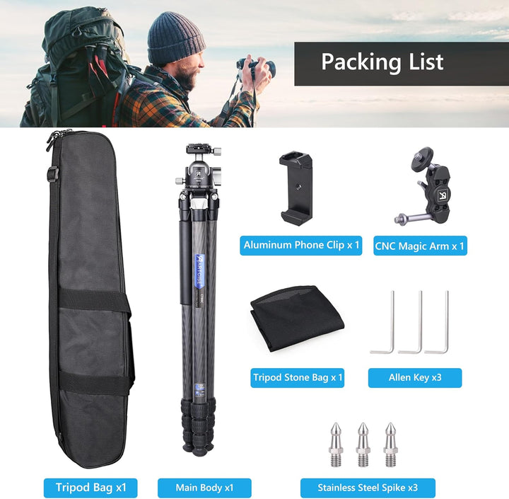 Kohlefaser-Stativ mit 46 mm flachem Kugelkopf und Steintasche ARTCISE Heavy Duty Reisekameraständer